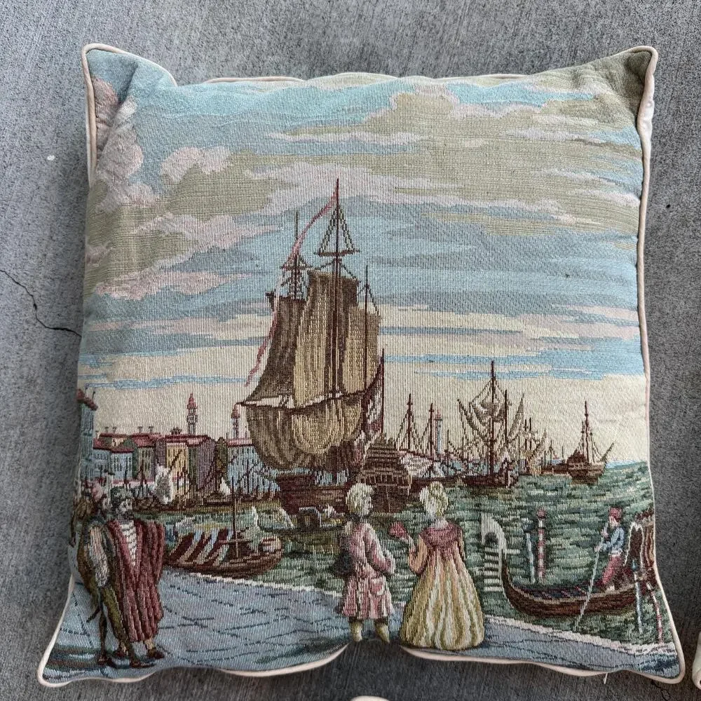 Set 3 Vintage Venice Tapestry Throw Pillows 16x16 Gondola Scenic Decor